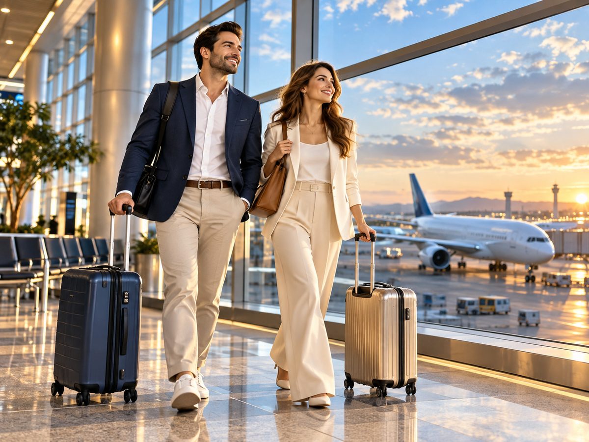 Travelers walking through an airport terminal with an aircraft visible outside